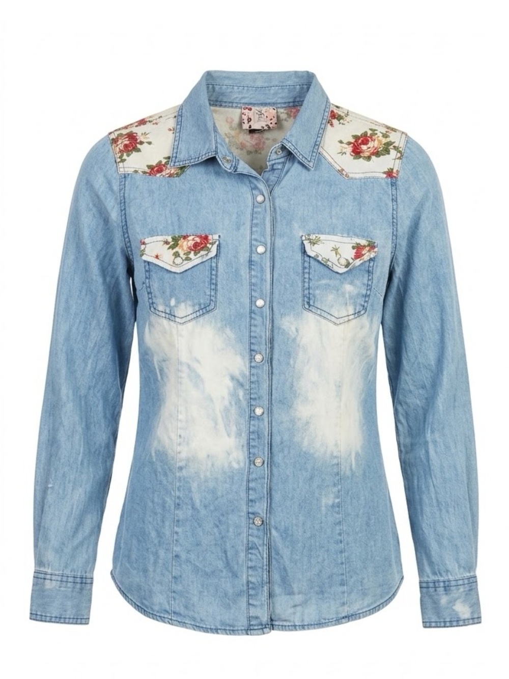 Ombré Vintage Bleach-Wash Denim Floral WesternButton Down Shirt size small